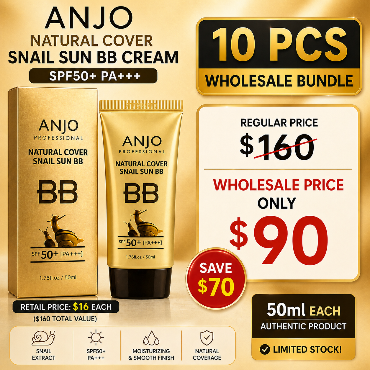 Wholesale: ANJO Natural Cover Snail Sun BB Cream (10 pcs)